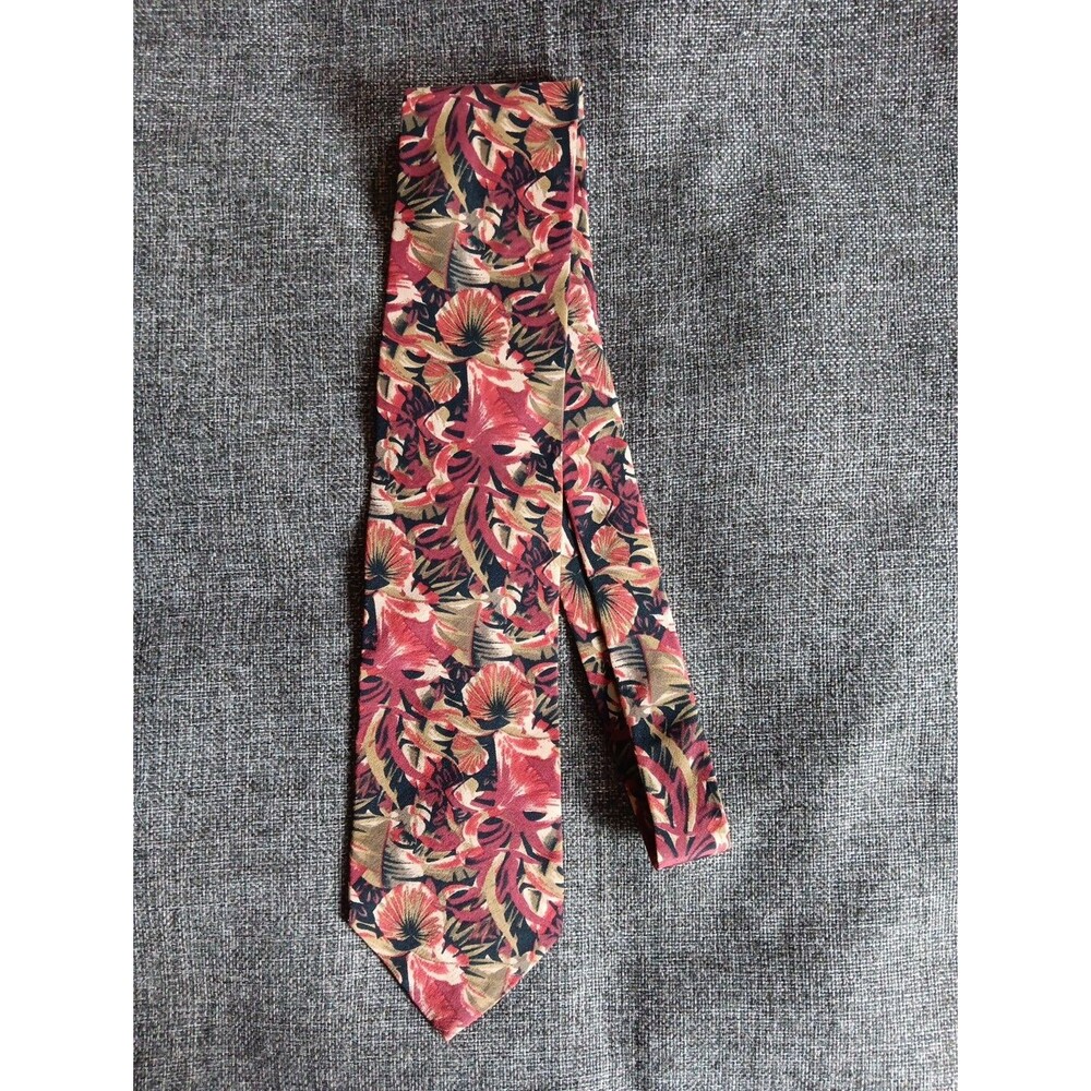 Tie 70s 80s 90s Y2K Mens Isaac Zelcer Red Green Beige Floral 59 Inches